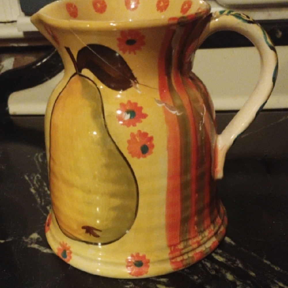Hand-Painted Yellow Ceramic Pitcher with Pear Design